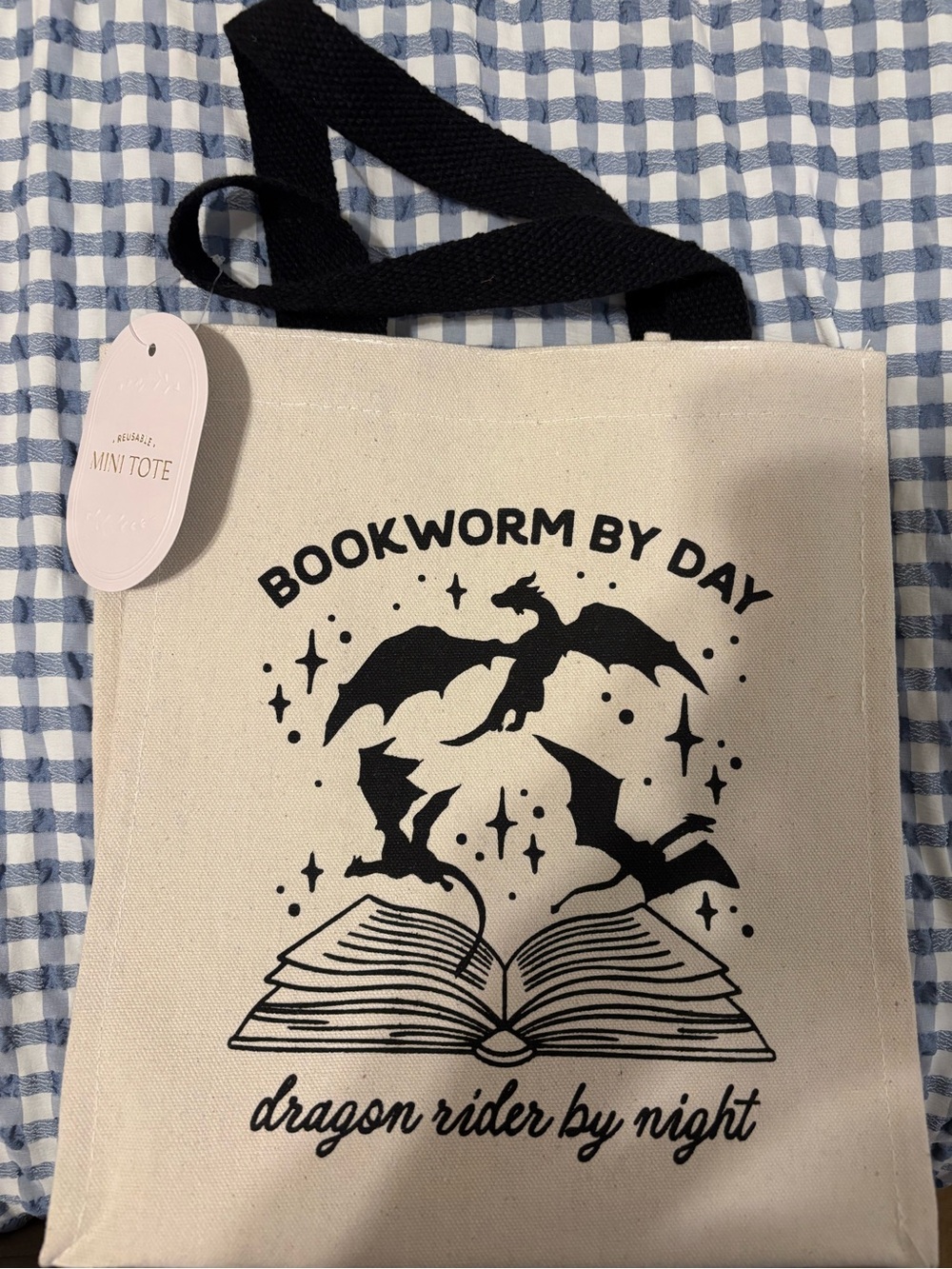 Bookworm By Day Dragon Rider Mini Tote - Cream with Black Print